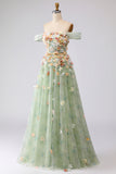 Off the Shoulder Appliqued Green Floral A Line Prom Dress