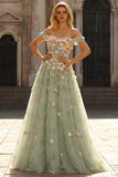 Off the Shoulder Floral Appliqued Green A Line Prom Dress
