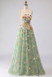 Off the Shoulder Appliqued Green Floral A Line Prom Dress
