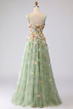 Off the Shoulder Appliqued Green Floral A Line Prom Dress