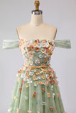 Off the Shoulder Appliqued Green Floral A Line Prom Dress