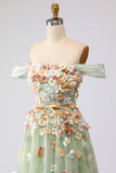 Off the Shoulder Appliqued Green Floral A Line Prom Dress