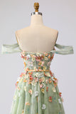 Off the Shoulder Appliqued Green Floral A Line Prom Dress