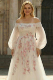 White Off the Shoulder Appliqued Plus Size Wedding Dress