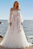 White A Line Off The Shoulder Appliqued Wedding Dress