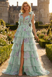 Tiered Ruched Blue Pink Floral Prom Dress with Bow