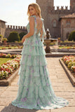 Tiered Ruched Blue Pink Floral Prom Dress with Bow