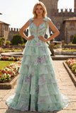 Tiered Ruched Blue Pink Floral Prom Dress with Bow