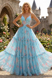 A Line Pleated Green Purple Floral Ruffled Maxi Prom Dress