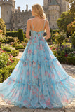 A Line Pleated Green Purple Floral Ruffled Maxi Prom Dress