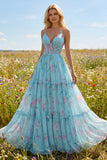 A Line Pleated Green Purple Floral Ruffled Maxi Prom Dress