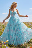 A Line Pleated Green Purple Floral Ruffled Maxi Prom Dress