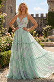 A Line Pleated Green Purple Floral Ruffled Maxi Prom Dress