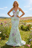 Mermaid Blue Pink Floral Maxi Prom Dress with Ruffles
