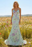 Mermaid Blue Pink Floral Maxi Prom Dress with Ruffles