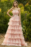 Strapless Lilac Tiered Corset Prom Dress with Ruffles