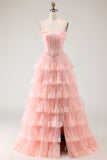 Strapless Lilac Tiered Corset Prom Dress with Ruffles