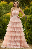 Strapless Lilac Tiered Corset Prom Dress with Ruffles