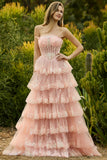 Strapless Lilac Tiered Corset Prom Dress with Ruffles