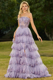 Strapless Lilac Tiered Corset Prom Dress with Ruffles