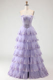 Strapless Lilac Tiered Corset Prom Dress with Ruffles
