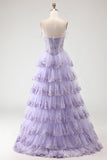 Strapless Lilac Tiered Corset Prom Dress with Ruffles