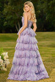 Strapless Lilac Tiered Corset Prom Dress with Ruffles
