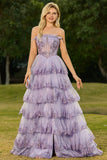 Strapless Lilac Tiered Corset Prom Dress with Ruffles