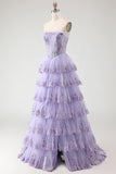 Strapless Tiered A-Line Tulle Corset Blush Prom Dress With Slit