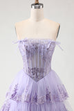 Strapless Tiered A-Line Tulle Corset Blush Prom Dress With Slit