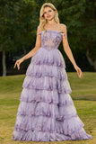 Strapless Lilac Tiered Corset Prom Dress with Ruffles