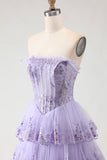 Strapless Tiered A-Line Tulle Corset Blush Prom Dress With Slit