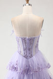 Strapless Tiered A-Line Tulle Corset Blush Prom Dress With Slit