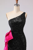 Sparkly One Shoulder Black Prom Dress with Bow