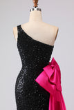 Sparkly One Shoulder Black Prom Dress with Bow