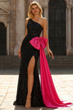 Sparkly One Shoulder Black Bowed Prom Dress