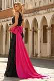 Sparkly One Shoulder Black Bowed Prom Dress