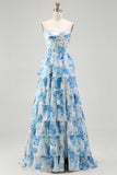 White Pink Flower Tiered A-Line Corset Sweetheart Prom Dress With Slit