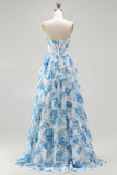White Pink Flower Tiered A-Line Corset Sweetheart Prom Dress With Slit
