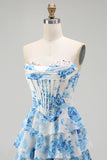 White Pink Flower Tiered A-Line Corset Sweetheart Prom Dress With Slit