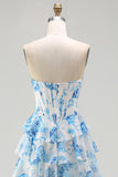 White Pink Flower Tiered A-Line Corset Sweetheart Prom Dress With Slit