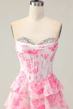 White Pink Flower Tiered A-Line Corset Sweetheart Prom Dress With Slit