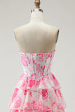 White Pink Flower A-Line Corset Tiered Strapless Prom Dress With Slit