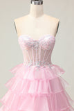 Blue Sweetheart Princess Corset Sequin Prom Dress With Ruffles