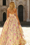 Yellow Pink Floral Halter A Line Maxi Prom Dress