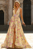 Yellow Pink Floral Halter A Line Maxi Prom Dress
