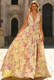 Yellow Pink Floral Halter A Line Maxi Prom Dress