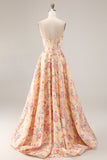 Yellow Pink Floral Strapless Corset A Line Prom Dress