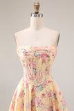 Strapless Yellow Pink Floral Corset A Line Prom Dress
