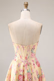 Strapless Yellow Pink Floral Corset A Line Prom Dress